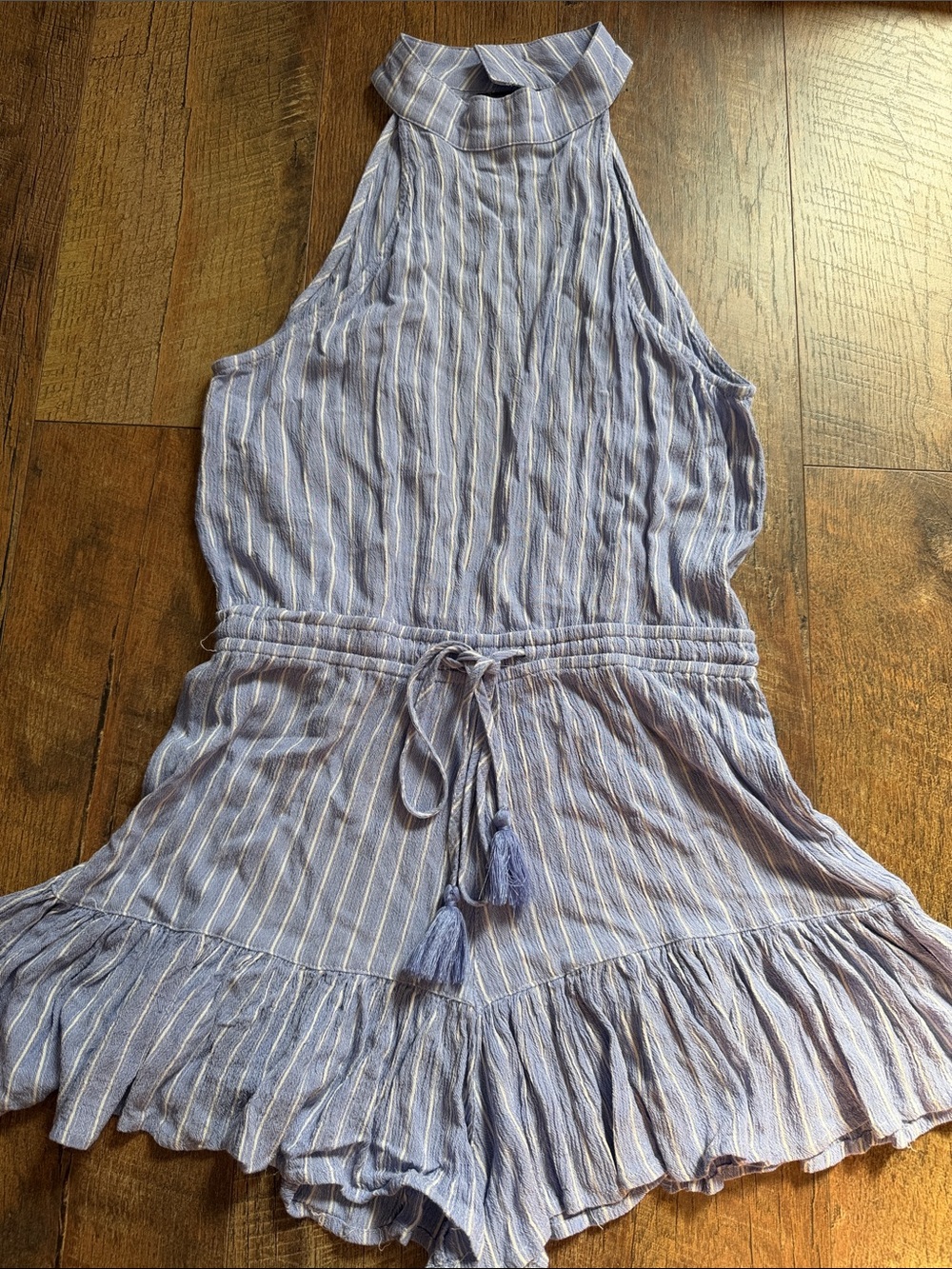 Striped Lavender Halter Romper with Tassel Tie